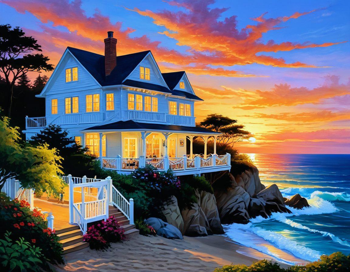A picturesque coastal cottage overlooking the ocean at sunset, with romantic lighting and playful family activities in the foreground. Include a cozy porch with couples enjoying wine and children building sandcastles nearby. Lush greenery surrounds the cottage and soft waves gently lap at the shore. Emphasize warm colors to evoke a sense of tranquility and fun. painting. vibrant colors. sunset.