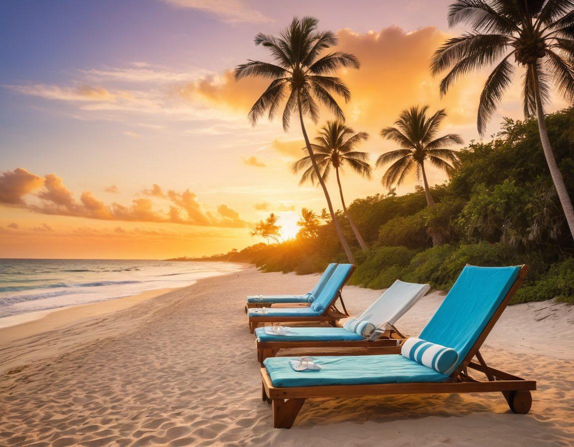 A serene beach scene with soft golden sands and gentle waves lapping at the shore, featuring a beautiful beachfront property with large windows overlooking the ocean. Lush palm trees swaying in the breeze, sun loungers arranged invitingly, and a vibrant sunset casting warm golden hues across the sky. Include elements like beach towels and a beach umbrella for ambiance. super-realistic. vibrant colors. tranquil atmosphere.
