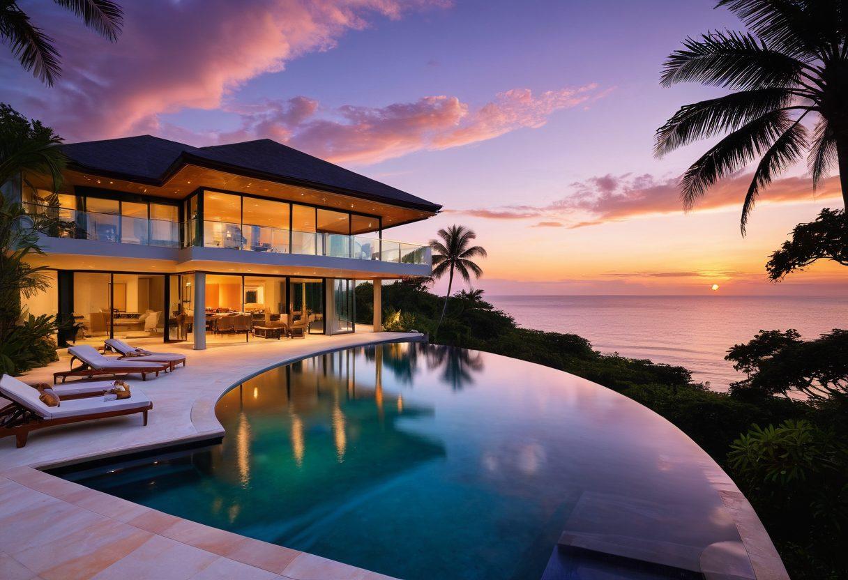 A stunning beachfront luxury summer home with expansive glass walls, surrounded by lush tropical greenery and a breathtaking sunset over the ocean. The ambiance should convey relaxation with stylish outdoor furniture on a spacious deck, complete with a shimmering infinity pool. Gentle waves can be seen lapping at the shore, inviting tranquility and elegance. super-realistic. vibrant colors. twilight sky.